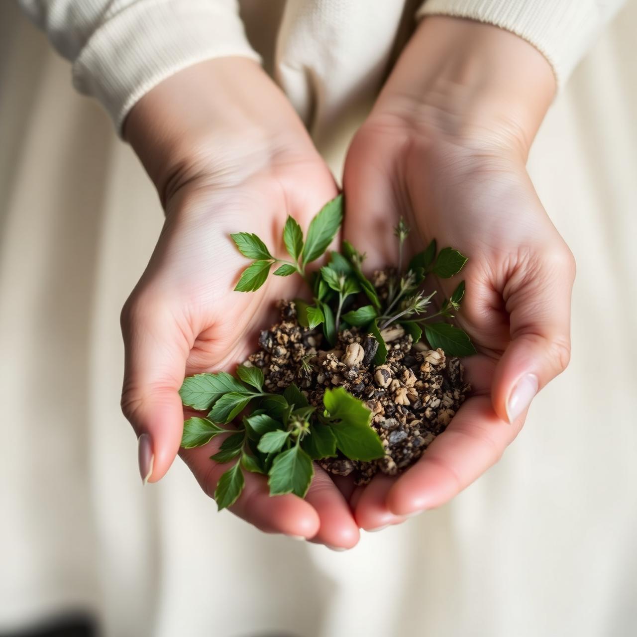 Hands holding fresh green herbs